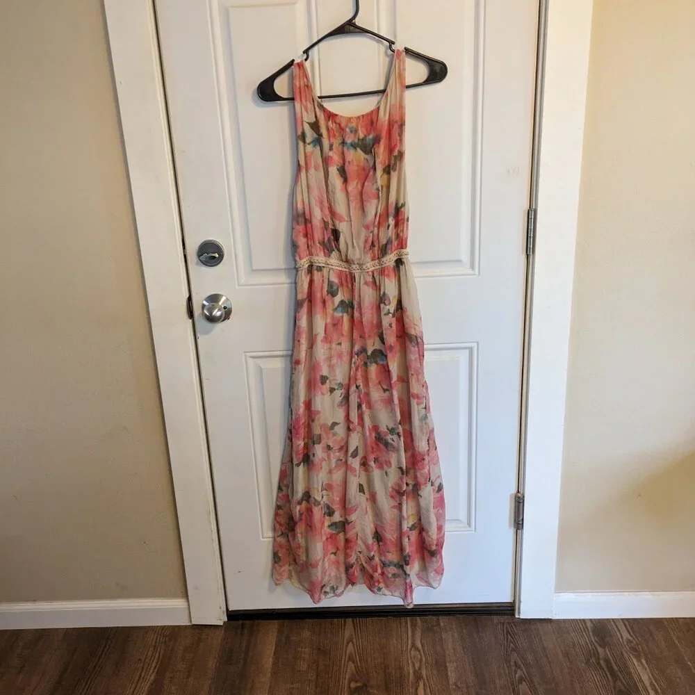 Prontomoda Giusy Watercolor Floral Floor Length Silk Maxi Dress Size Medium - Picture 8 of 11